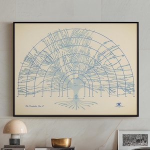 May include: A mid-century modern interior featuring a framed blue and beige graphic print, a wooden cabinet, a black leather chair, and a table lamp. The print has the text "The Computer Era II". A gold-colored bowl and a decorative brass object are also visible.