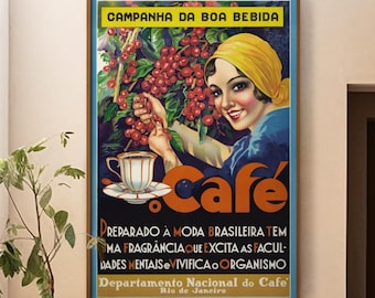 Vintage Brazilian Coffee Advertising Poster: 1930s Coffee Shop Print