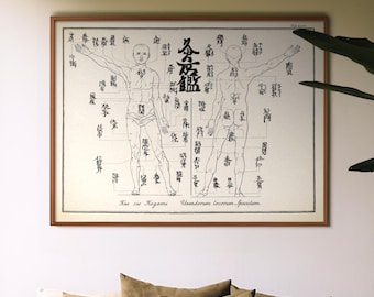 Impresión vintage de una tabla de acupuntura japonesa: arte mural de oficina de 1727