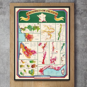 Weinberge von Frankreich - Vintage französische Weinkarte Druck, Wandkunst Geschenk