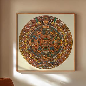 Aztec Sun Stone Calendar, Vintage Illustration Print, Mexica People Art Poster