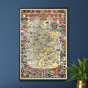 Scotland: Historical Map - Vintage Heraldic Clan Chart, Wall Art Home Gift