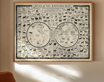Dogs of All Nations Vintage Map Print, Dog World Map Poster, Dog Lover Home Gift