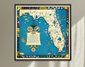 Florida Garden Lovers Vintage Map Print| Pictorial Map Poster| Floral Wall Art Home Gift