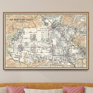 Vintage kaart San Fernando Valley, poster Californische kaart, muurkunst cadeau voor thuis