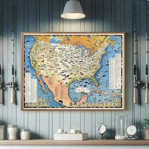 Carte de pêche vintage des États-Unis, affiche des années 1950, décoration de cabine extérieure, cadeau de pêcheur