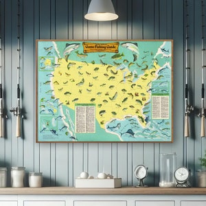 Noord-Amerikaanse visgids - vintage kaartafdruk, visserswagen VS, kunst aan de muur visser
