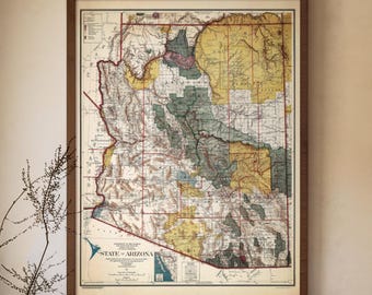 State of Arizona - Vintage Map Print, Earth Tone Room Accent, Cartography Wall Art