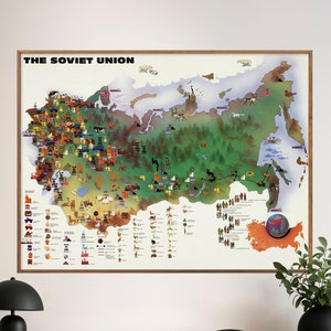 Unione Sovietica - Stampa di mappa illustrata d'epoca, poster dell'URSS, arte murale russa