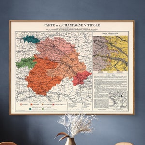 Carte des vins et carte géologique de la Champagne 1910, art mural vintage carte des vins de France, cadeau vin idéal
