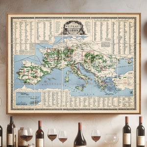 Carte des vins d'Europe - impression de carte allemande vintage, art mural vin, cadeau pour la maison