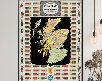 Schotland: Highlands Clans - vintage tartan-kaartafdruk, Scottish Wall Art Home cadeau