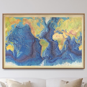 Carte du monde des fonds marins, grande carte du monde, art mural océan, impression géologie océanique