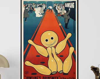 May include: Vintage poster advertising Brunswick bowling equipment. The poster features a cartoon illustration of bowling pins with a smiling face. The text on the poster reads "Bowling's Brunswick 55 Rue de Clignancourt Paris."