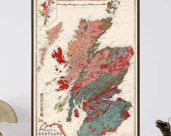 May include: A framed vintage map of Scotland, featuring a detailed geological survey. The map displays a variety of colors representing different rock formations. The map is displayed on a dark wood cabinet with a gold lamp and decorative items.