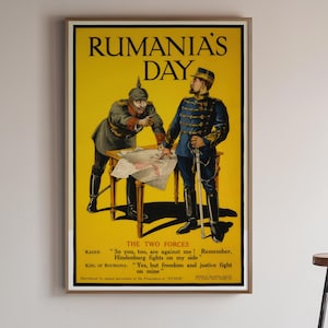 Póster vintage de la Primera Guerra Mundial, Día de Rumanía de 1916, Káiser Guillermo II, arte mural de Rumanía, regalo histórico