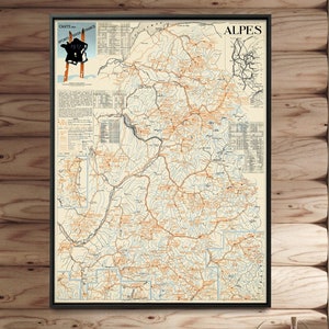 Stampa mappa vintage degli sport invernali in Francia, poster sciistico delle Alpi francesi, baita, decorazione da parete per baite
