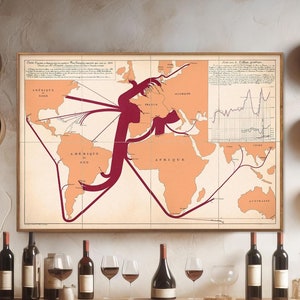 Vins français : exportations de 1864 - impression graphique vintage, art mural infographie sur les vins, carte du monde affiche d'exportation de vins français