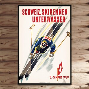 Zwitserland: Unterwasser - vintage skiposterprint, skihut, skihut, wintersportkunst aan de muur