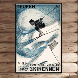 Schweiz: Teufen - Vintage Skiing Poster Print, Skihütte, Skihütte, Wintersport Wall Art