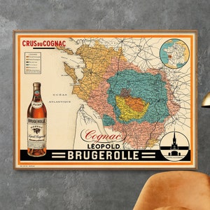 Impresión de mapa vintage de Cognac Crus, póster de mapa de la región vinícola de Francia, arte mural, regalo para el hogar