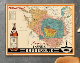 Cognac Crus Vintage Map Print, France Wine Region Map Poster, Wall Art Home Gift