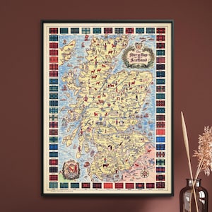 Impression de carte vintage tartan de clan écossais | Carte historique de l'Ecosse | Cadeau d'art mural écossais