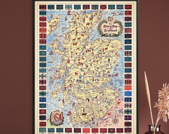 Vintage Schottland Map Print: Clan Tartan, Schottische Wandkunst