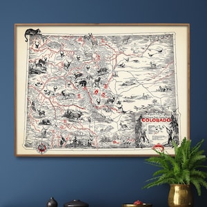 Carte de chasse et de pêche du Colorado, carte de chasse illustrée, art mural Colorado, impression de carte vintage