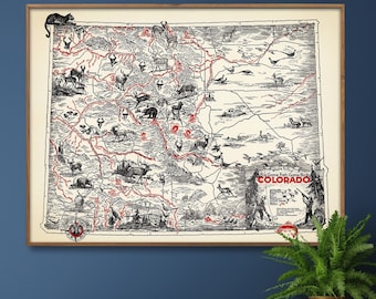 Vintage 1950 Colorado Hunting & Fishing Map Art Print