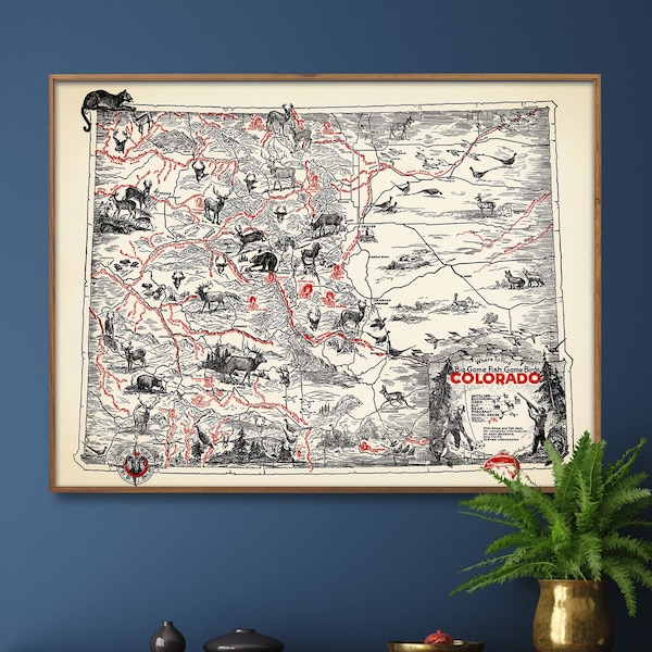 Hunting & Fishing Map of Colorado| Pictorial Hunting Map| Colorado Wall Art| Vintage Map Print