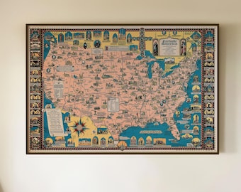Catholic America Map, American Christianity, Old Catholic Map, USA Vintage Map, Map of Religion, Faith Map Print