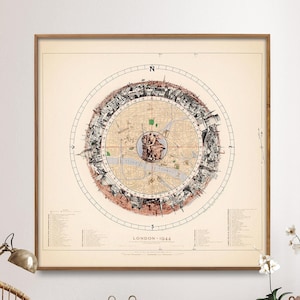 London Vintage Vogelansicht Druck, Kreiskarte Poster, quadratische Wandkunst Hausgeschenk