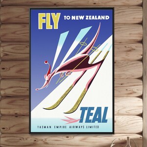 Nouvelle-Zélande : Fly Teal - impression d'affiche de ski vintage, chalet de ski, chalet de ski, art mural de sports d'hiver