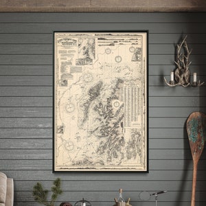 Carta dei pescatori delle coste settentrionali e occidentali della Scozia, stampa mappa vintage, poster grande sulla pesca, regalo per la casa con arte murale nautica