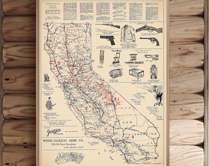 Vintage California Fishing & Hunting Map, 1920s Sporting Guide, Outdoor Wall Decor, History Gift