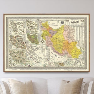 Mapa de Irán en farsi, mapa ilustrado de Irán, mapa antiguo, impresión de Irán, póster de mapa grande