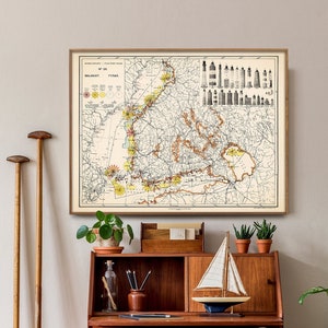 Carte vintage de la côte finlandaise et des phares| Cadeau d'art mural pour la maison côtière | Affiche de carte nautique