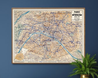 Paris Subway System Vintage Map Print| Paris Metropolitan Map Poster| Wall Art Home Gift