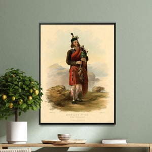 Highland Piper Vintage Painting Print, Clan Gregarach Costume Poster, Scotland Tartan Kilt Wall Art