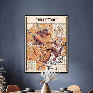 Francia: Côte-d'Or - Impresión de mapa económico y vinos añejos, arte mural, regalo para el hogar