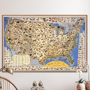 Fauna selvatica e selvaggina degli Stati Uniti - Stampa mappa vintage, poster regalo di caccia, grande decorazione da parete, regalo per la casa