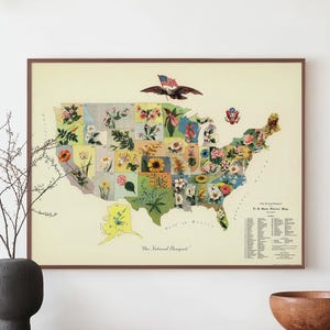Vintage US Zustand Blumen Karte Druck, USA Floral Wand Kunst, Botanische Poster Dekor