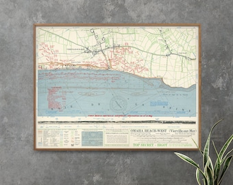 Impresión del mapa del Día D de Omaha Beach: Invasión de Normandía, Segunda Guerra Mundial, Ejército de EE. UU.