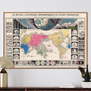 地理: 世界地図パノラマ - ヴィンテージチャートプリント、フランスの地理壁アート