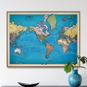 Impression de carte du monde vintage, affiche du monde terre et océan, grande oeuvre d'art murale bleue, cadeau pour la maison