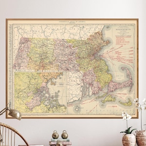 State of Massachusetts: vintage kaartafdruk, muurkunst cadeau voor thuis, grote kaartposter