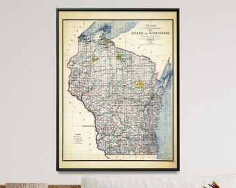 Vintage Wisconsin Map Art Print: 1895 State Map Poster