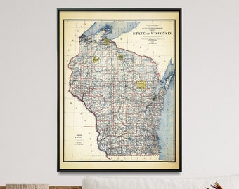 Vintage Wisconsin Map| Wisconsin State Map| Wisconsin Art Print| Wisconsin Map Poster| Wisconsin Gift