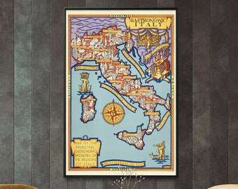 Gastronomic Italy Vintage Map Print| Wine Map Of Italy| Food And Wine Poster| Dining, Restaurant, Kitchen Wall Art Decor